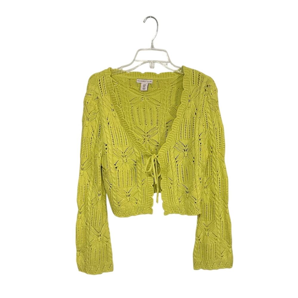Lime Green Cropped Women's Medium Knit Cardigan Flare Sleeves Tie Front Sweater